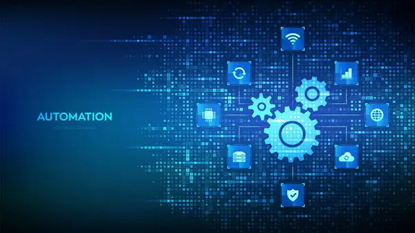 Otomasyon Yazılımı. İkili kodla yapılmış dişli simgesi. IOT ve Otomasyon simgeleri bağlantıları. Dijital ikili veri ve dijital kod yayını. 1.0 basamaklı matris arkaplanı. Vektör İllüstrasyonu