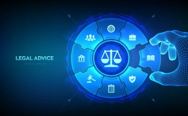 Çalışma hukuku, avukat, avukat, hukuki danışmanlık kavramı. İnternet hukuk hizmetleri ve siber hukuk. Telgraf çerçeveli el, online avukat tavsiyesini görüntüleyen bir kompozisyona bir unsur yerleştirir. Vektör illüstrasyonu