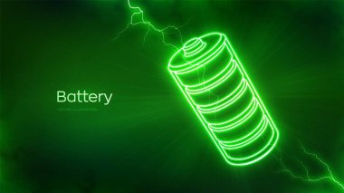 Elektrik enerjisi ışık efektli bir pil simgesi. Yeşil Enerji. Şarj noktası istasyonu. Şarj edilebilir akümülatör. Batarya güç kaynağı arka planı. Elektrik boşaltımı efektleri. Vektör illüstrasyonu