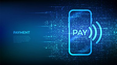 Para birimi sembollerinden yapılmış akıllı telefon simgesi ile ödeme. Çevrimiçi ödemeler. NFC 'de. Saha içi iletişim. Temassız ödeme. Dolar, Avro, Yen, pound simgeleriyle arka plan. Vektör illüstrasyonu