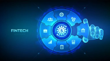 Fintech. Finansal teknoloji, online bankacılık, kitle fonlama. Yatırım bankacılığı ödeme konsepti. Tel çerçeveli el, Fintech 'i görselleştiren bir bileşime bir element yerleştirir. Vektör illüstrasyonu