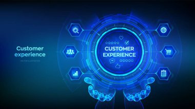 Müşteri teknolojisi kavramını tel çerçeveli ellerde tecrübe edin. Müşteri memnuniyeti araştırması. Online başvuru derecelendirmesi. Tatmin geri bildirim incelemesi. Vektör illüstrasyonu