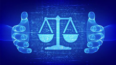 İnternet hukuku simgesi, elinde ikili kodla yapıldı. Sayısal yasal hizmetler ya da online avukat danışma konsepti olarak siber hukuk. İş hukuku, avukat, avukat. Dijital kod akışı. Vektör illüstrasyonu