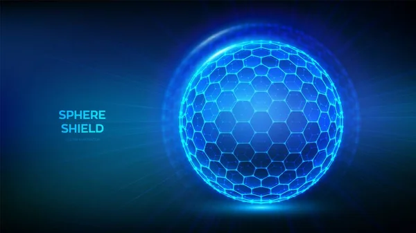 蓝底六边形球面护盾 防护球面屏蔽 以能量场的形式发光的气泡屏蔽 保护和安全概念 矢量说明 免版税图库插图
