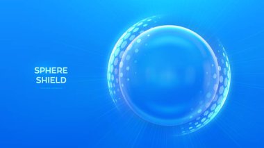 Cam şeffaf koruma küresi kalkanı. Mavi arka planda altıgen desenli küre kalkanı. Güç alanı şeklinde kabarcık kalkanı. Güvenlik konsepti. Vektör illüstrasyonu