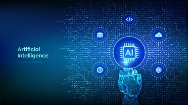 Al. Yapay zeka. Makine öğrenme teknolojisi. Büyük veri. Sinirsel ağlar. Devre kartı bağlantıları ve teknik simgeleri olan bir geçmiş. Tel çerçeve tuşuna basıyor. Vektör İllüstrasyonu