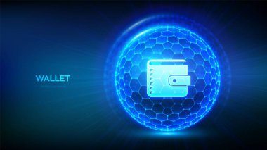 Dijital Cüzdanı emniyete alın. Çevrimiçi bankacılık. Güvenlik ödemeleri. Güvenli işlemler. Kişisel finansal veri koruması. Cüzdan ikonlu altıgen yüzeyi olan üç boyutlu küre. Vektör illüstrasyonu