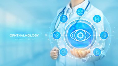 Oftalmoloji. Oftalmolog konsültasyonu. Göz muayenesi. Lazer Cerrahi. Gözlük seçiyorum. Doktor, sanal ekranda el ele tutuşan göz simgesi ve tıp ikonları ağ bağlantısını tutuyor. Vektör illüstrasyonu