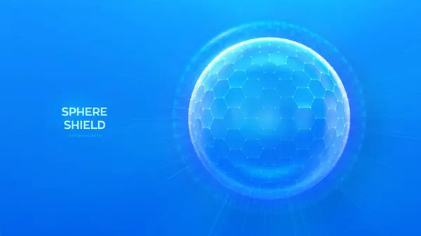 玻璃透明保护球盾 蓝底六边形球面护盾 气泡屏蔽的形式是力能量场 保护安全概念 矢量说明 图库插图