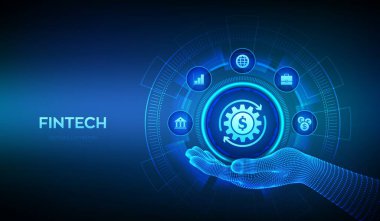 Telgraf elinde Fintech simgesi. Finansal teknoloji, online bankacılık ve kitle fonlama. İş yatırım bankacılığı ödeme teknolojisi kavramı sanal ekranda. Vektör illüstrasyonu