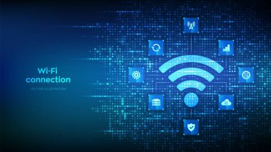 Wi-Fi ağ simgesi. Kablosuz ağ işareti ikili kodla yapılır. Wlan girişi, kablosuz bağlantı sinyali. Mobil bağlantı bölgesi. Veri aktarım simgeleri bağlantıları. Mobil iletim. Vektör illüstrasyonu