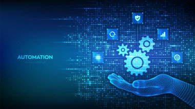 Otomasyon Yazılımı. İkili kodla yapılmış dişli simgesi. IOT ve Otomasyon simgeleri bağlantıları. Dijital ikili veri ve dijital kod yayını. Arkaplanda 1.0 rakamı var. Vektör İllüstrasyonu