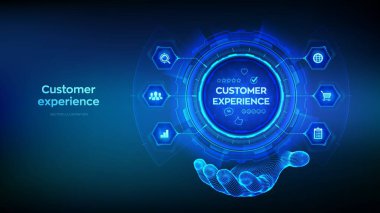 Müşteri Tecrübesi Teknolojisi konsepti. Müşteri memnuniyeti araştırması. Online başvuru derecelendirmesi. Tatmin geri bildirim incelemesi. Vektör illüstrasyonu