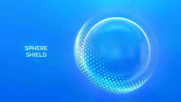 玻璃透明保护球盾 蓝底六边形球面护盾 气泡屏蔽的形式是力能量场 保护安全概念 矢量说明 图库矢量图片