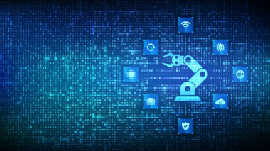 Smart Industry 4.0 simgesi ikili kodla oluşturuldu. Fabrika otomasyonu. Otonom endüstriyel teknoloji ikonları bağlantıları. Sanayi devrimleri basamakları. 1.0 basamaklı ikili kod arkaplanı. Vektör