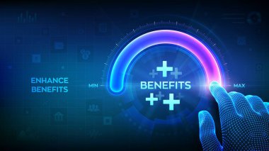 Çalışan yardımları en iyi insan kaynaklarını elde etmemize yardımcı olur. El, sosyal yardım simgesi ile maksimum konum ilerleme çubuğuna yaklaşıyor. Kâr, Yardım, Sağlık Sigortası. Vektör