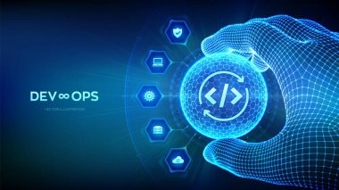 Devops. Küre şeklindeki çevik gelişim ve optimizasyon konsepti ve kablo çerçeveli altıgen deseni. Yazılım mühendisliği. Yazılım geliştirme metodolojisi uyguluyor. Vektör illüstrasyonu