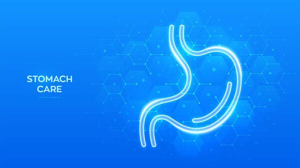 Stomach care. Treatment of stomach and digestive system diseases. Stomach icon. Gastroenterology clinic medical banner. Molecular structure. Blue medical background with hexagons. Vector illustration