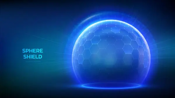 蓝底上有六边形保护球盾 玻璃圆顶盾以能量场的形式发光的气泡屏蔽 保护和安全概念 矢量说明 矢量图形