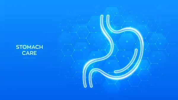 胃疼的护理 治疗胃和消化系统疾病 胃的图标 胃肠科诊所医疗横幅 分子结构 带有六边形的蓝色医疗背景 矢量说明 图库插图