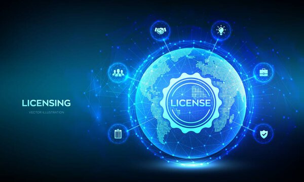 Licensing. License agreement concept. Copyright protection law license property rights. World map point line composition. Earth planet globe. Vector illustration