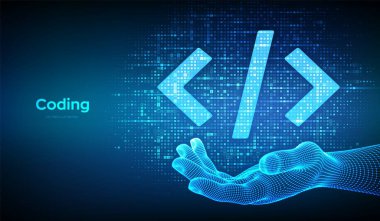Programming code. Coding or Hacker sign. Programming code icon made with binary code in wireframe hand. Digital binary data and digital code. Matrix background with digits 1.0. Vector Illustration clipart svg vector 