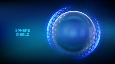 Cam şeffaf koruma küresi kalkanı. Mavi arka planda altıgen desenli küre kalkanı. Güç alanı şeklinde kabarcık kalkanı. Güvenlik konsepti. Vektör illüstrasyonu