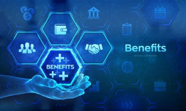 Çalışan yardımları en iyi insan kaynakları konseptini sanal ekrana taşımaya yardımcı olur. Kâr, Yardım, Sağlık Sigortası. Telli el dijital arayüze dokunuyor. Vektör illüstrasyonu