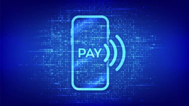 Para birimi sembollerinden yapılmış akıllı telefon simgesi ile ödeme. Çevrimiçi ödemeler. NFC 'de. Saha içi iletişim. Temassız ödeme. Dolar, Avro, Yen, pound simgeleriyle arka plan. Vektör illüstrasyonu