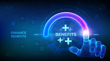 Çalışan yardımları en iyi insan kaynaklarını elde etmemize yardımcı olur. El, sosyal yardım simgesi ile maksimum konum ilerleme çubuğuna yaklaşıyor. Kâr, Yardım, Sağlık Sigortası. Vektör