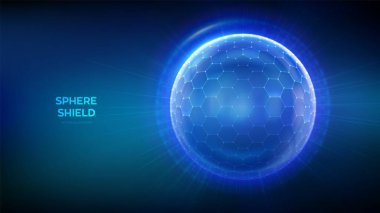 Cam şeffaf koruma küresi kalkanı. Mavi arka planda altıgen desenli küre kalkanı. Güç alanı şeklinde kabarcık kalkanı. Güvenlik konsepti. Vektör illüstrasyonu