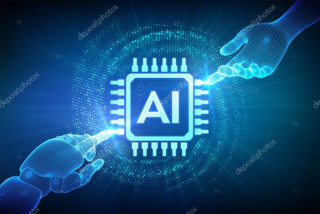 AI. Artificial Intelligence. Hands of Robot and Human touching Artificial Intelligence icon with binary code. Machine Learning technology concept. Neural networks. Vector illustration