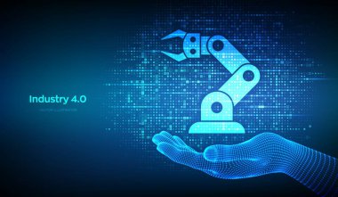 Smart Industry 4.0 simgesi, kablo çerçeveli ikili kodla yapıldı. Fabrika otomasyonu. Özerk endüstriyel teknoloji. Sanayi devrimleri basamakları. 1.0 basamaklı matris arkaplanı. Vektör