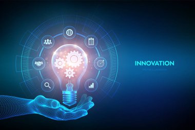 Innovation. Business innovative idea and solution concept. Creative Idea, inspiration. Brainstorming. Creativity. Light bulb with gears cogs inside in hand. Creative Thinking. Vector illustration clipart