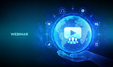 Giyin. İnternet konferansı. Web tabanlı seminer. Çevrimiçi eğitim kursları. E-öğrenme eğitim konsepti. Dünya haritası ve çizgi kompozisyonu. Dünya gezegeni küresi kablo çerçeveli elde. Vektör illüstrasyonu