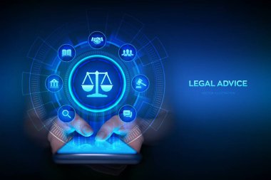 Çalışma hukuku, avukat, hukuk avukatı, sanal ekranda hukuki danışmanlık kavramı. Dijital yasal hizmetler ya da online avukat tavsiyesi olarak siber hukuk. Akıllı telefon ellerde. Akıllı telefon kullanıyor. Vektör illüstrasyonu