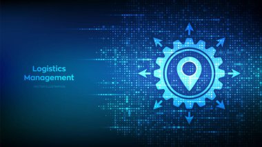 İkili kodla yapılmış lojistik yönetim simgesi. Akıllı lojistik ve ulaşım. Lojistik küresel ağ dağılımı. 1.0 basamaklı dijital kod arkaplanı. Vektör İllüstrasyonu