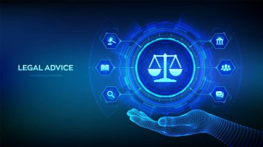 Çalışma hukuku, avukat, hukuk avukatı, sanal ekranda hukuki danışmanlık kavramı. İnternet ve siber hukuk dijital yasal hizmetler ya da online avukat tavsiyesi olarak. Robot eliyle kanun işareti. Vektör illüstrasyonu