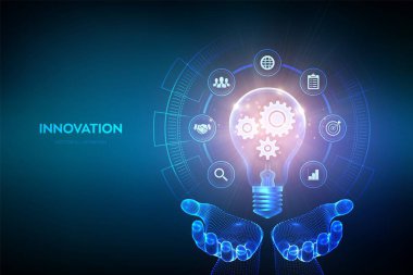 Yenilik. Ticari yenilikçi fikir ve çözüm konsepti. Yaratıcı fikir, ilham. Beyin fırtınası. Yaratıcılık. Ellerinde dişli dişliler olan ampul. Yaratıcı Düşünce. Vektör illüstrasyonu