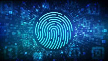Fingerprint. Biometrics identification and approval. Password control through fingerprints. Cyber security concept. Binary Data Flow. Virtual tunnel warp made with digital code. Vector illustration