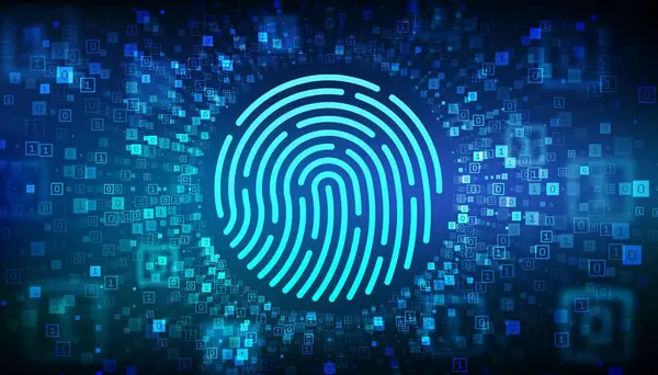 Fingerprint. Biometrics identification and approval. Password control through fingerprints. Cyber security concept. Binary Data Flow. Virtual tunnel warp made with digital code. Vector illustration