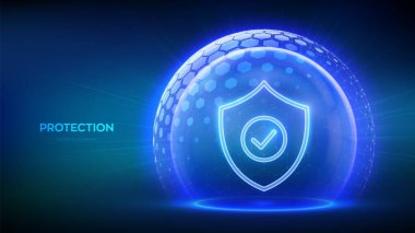 Korunma. Siber güvenlik. Ağ güvenliği. Sağlık hizmetleri. Sigortacılık. Mavi arkaplanda altıgen desenli şeffaf kürenin içinde işaret simgesi olan koruma kalkanı. Vektör illüstrasyonu