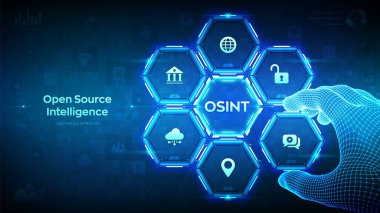 Açık kaynak istihbaratı. OSINT. Veri erişimini aç. Açık kaynak analizi. Siber analitik. Veri toplama. Kablo çerçeveli el, OSINT 'i görselleştiren bir bileşime bir element yerleştirir. Vektör illüstrasyonu