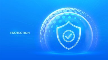 Korunma. Sağlık hizmetleri. Sigortacılık. Siber güvenlik. Ağ güvenliği. Mavi arkaplanda altıgen desenli şeffaf kürenin içinde işaret simgesi olan koruma kalkanı. Vektör illüstrasyonu