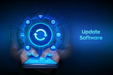 Yazılımı Güncelle. Sanal ekrana yazılım sürümü konseptini yükselt. Bilgisayar programı iş teknolojisi internet konseptini yükseltiyor. Telli el dijital arayüze dokunuyor. Vektör illüstrasyonu