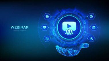 Telgraf elinde ikon takın. İnternet konferansı. Web tabanlı seminer. Mesafe öğrenme. Sanal ekranda e-öğrenim iş teknolojisi kavramı. Vektör illüstrasyonu