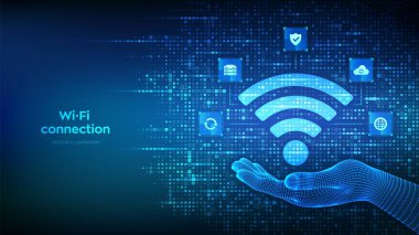 Wi-Fi ağ simgesi. Wi-Fi işareti ikili kodla yapılmış. Wlan girişi, kablosuz bağlantı sinyali. Mobil bağlantı bölgesi. Veri aktarım simgeleri bağlantıları. Mobil iletim. Vektör illüstrasyonu
