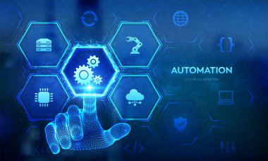 Otomasyon Yazılımı. IOT ve Otomasyon kavramı bir yenilik olarak, teknoloji ve iş süreçlerinde verimliliği artırır. Telli el dijital arayüze dokunuyor. Vektör illüstrasyonu