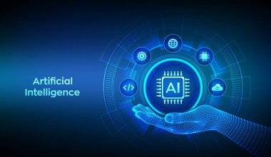 Al. Telgraf elinde Yapay Zeka simgesi. Makine Öğrenme. Büyük veri analizleri için yapay zeka. Sinirsel ağlar. Derin Öğrenme. Yapay zeka ve sanal teknoloji. Vektör illüstrasyonu