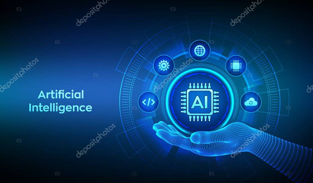 AI. Artificial Intelligence icon in wireframe hand. Machine Learning. Artificial Intelligence for big data analytics. Neural networks. Deep Learning. AI and virtual technology. Vector illustration